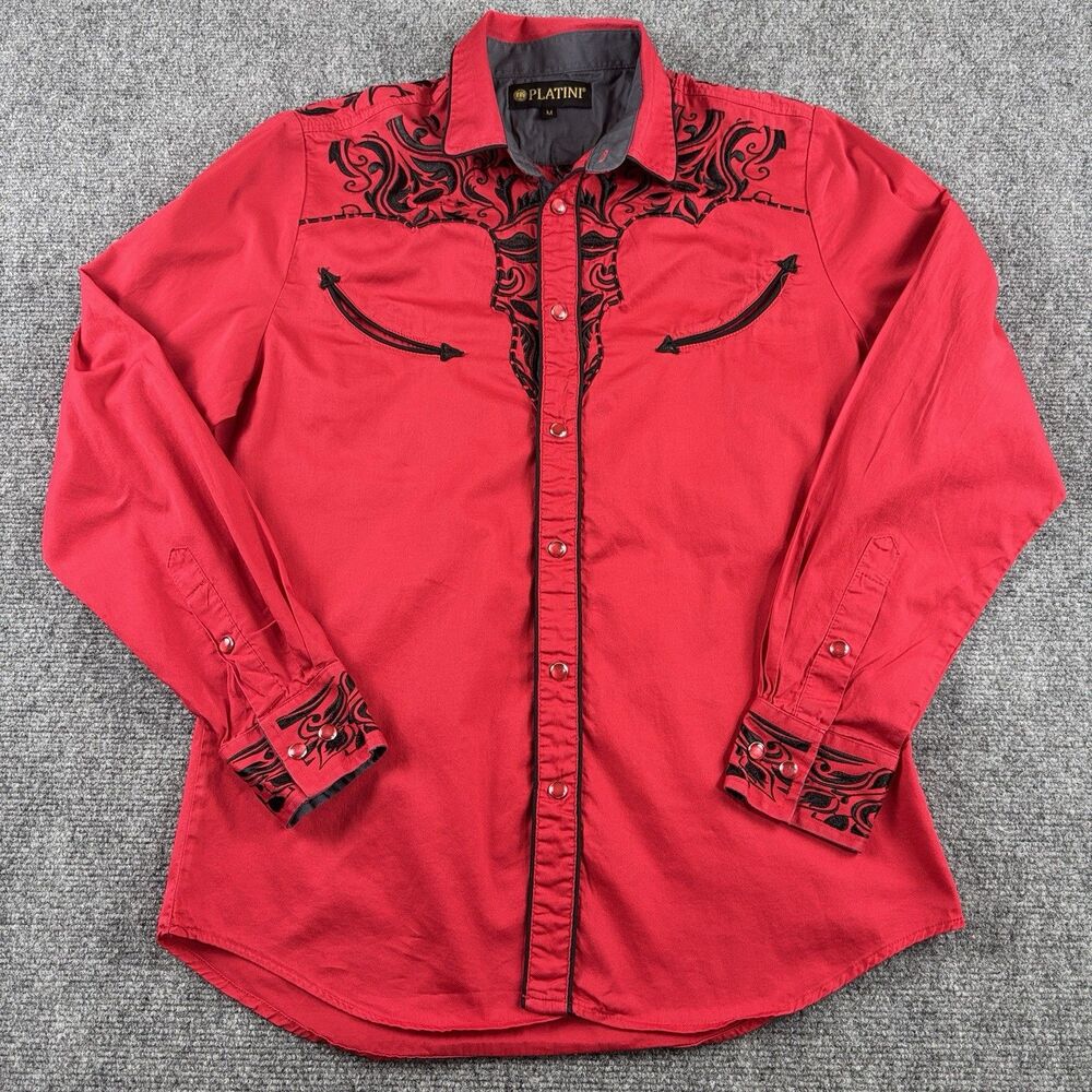 Platini Shirt Mens M US M Red Black Embroidered Western Cowboy